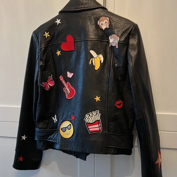 Glee Aqua Black leather emoji motor jacket Sz L - Picture 4 of 8